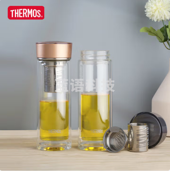 膳魔师(THERMOS)TCGE-400 金色透明玻璃杯 双层隔热带茶漏过滤 便携办公室泡茶水杯