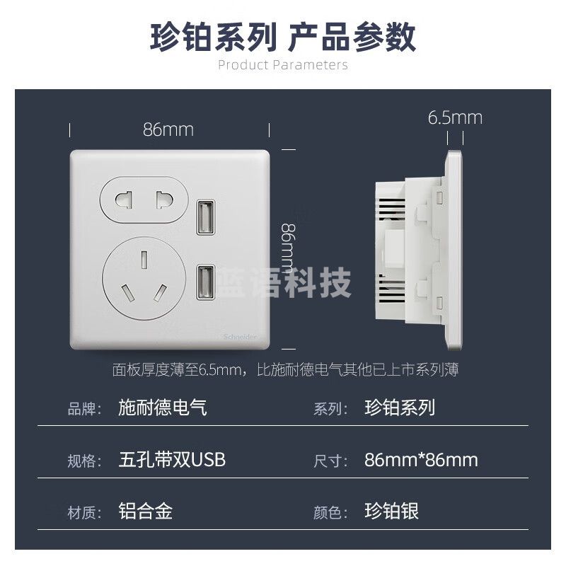 施耐德 开关插座珍铂金属系列珍铂银色五孔插座二三插86型铝合金墙壁插座 3.1A五孔带双USB