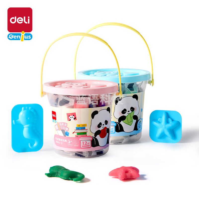 5月新品 得力XM853-12熊猫系列桶装彩泥12+2(混)(桶)