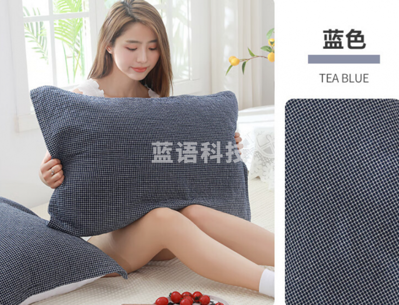 沐凡 纯棉枕巾一对装 全棉纱布加大加厚枕头巾 日式格蓝色（对）
