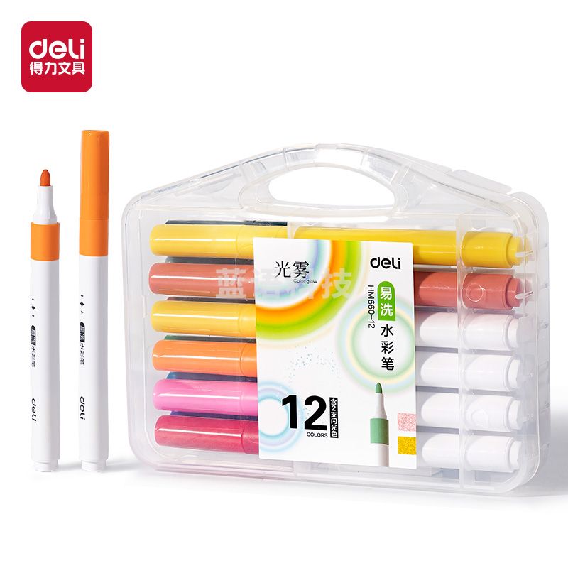 得力HM660-12_PP盒装三角杆水彩笔(混)(10支易洗+2支闪光)