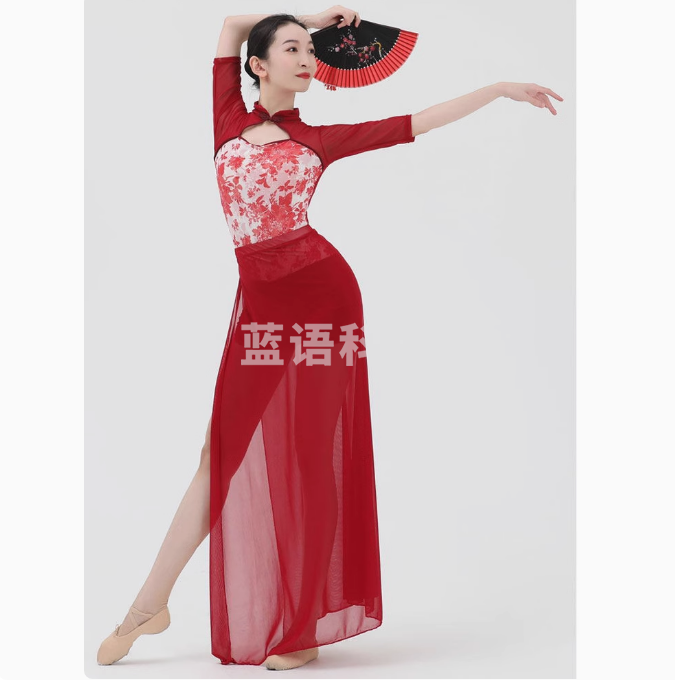 古典舞蹈服仙气飘逸复古修身女旗袍舞训练功民族舞中国舞演出服 酒红色套装 M/L/XL码数