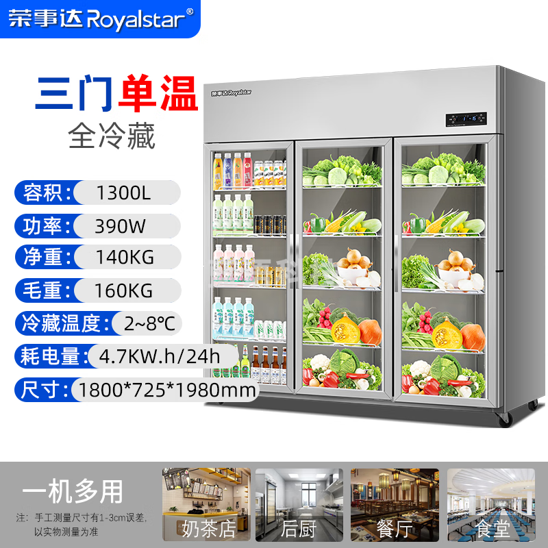 荣事达（Royalstar）六门大容量冰箱餐饮厨房饭店立式不锈钢保鲜柜四开门冰箱冷藏展示柜 豪华款铜管  冷藏大三门1430L【全冷藏】