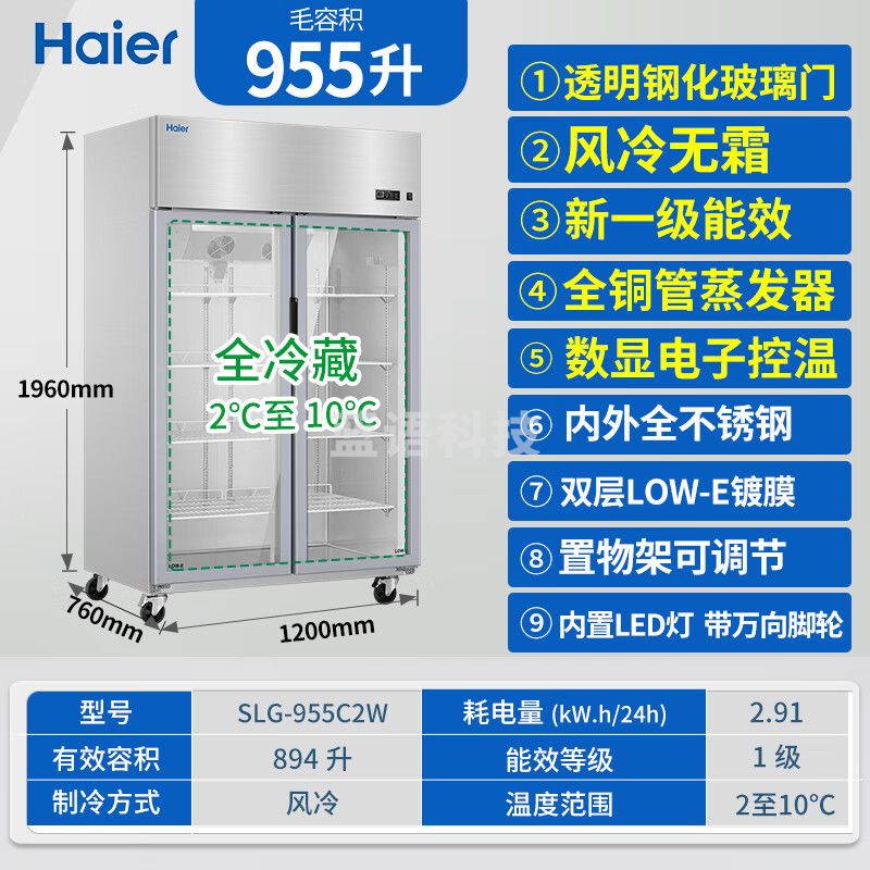 海尔（Haier）厨房冰箱商用立式四门\六开门冰柜饭店食堂酒店餐厅后厨不锈钢铜管 风冷无霜丨双门全冷藏SLG-955C2W