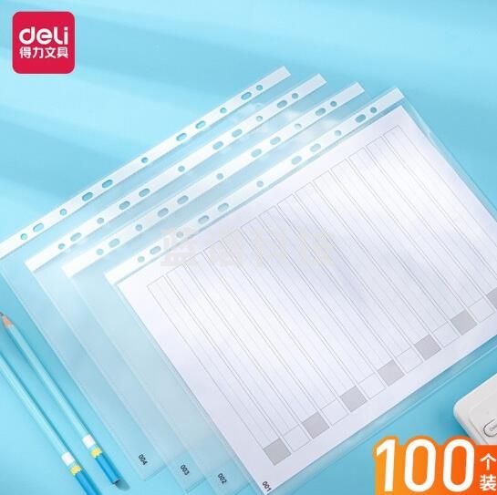 得力（deli）a4透明文件袋11孔带页码活页插袋 100只一包 64052