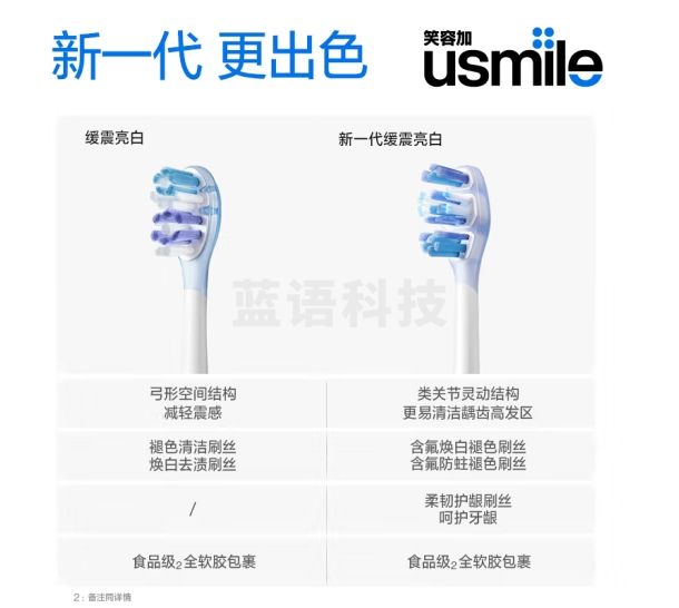 usmile笑容加电动牙刷头 成人缓震牙刷 灵动亮白刷头-2支装 适配usmile成人牙刷