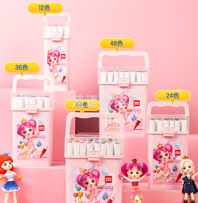 得力70813-24色爱美莉易洗水性三角杆马克笔(混)(24色/筒)