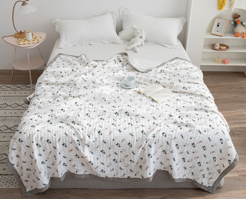 沐凡 浴巾纯棉纱布加厚高密六层 熊熊兔110*110cm