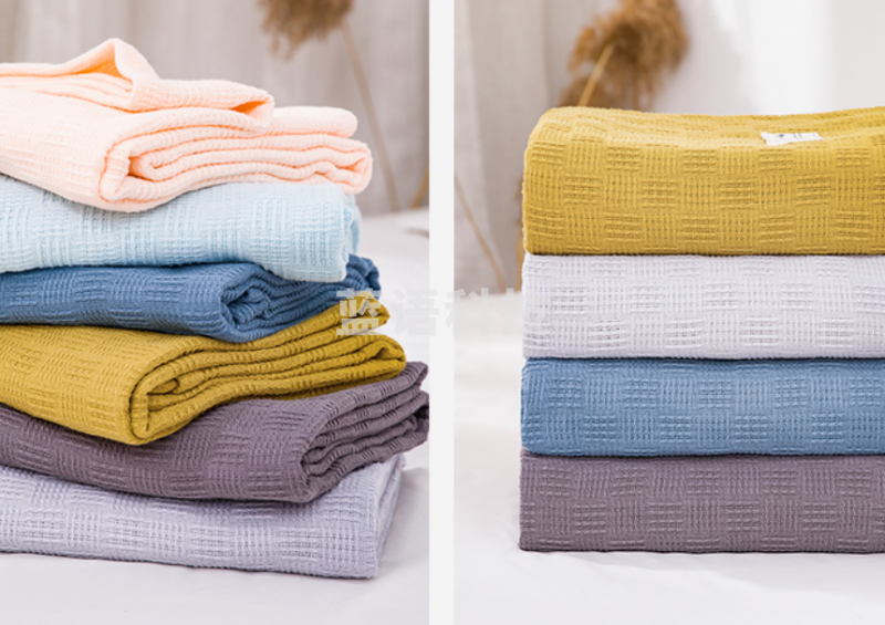 沐凡 毛巾被 纯棉盖毯 全棉纱布毛巾毯 双层镂空被-浅蓝100*150cm