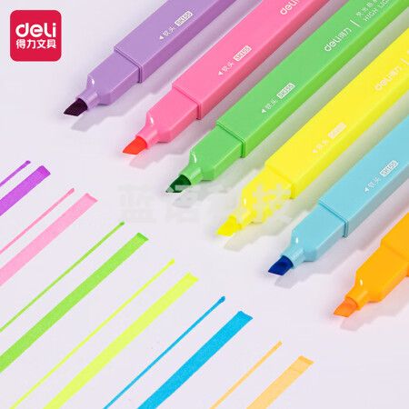 得力(deli)SK155双头方杆柔彩荧光笔文具6色 考试复习重点标记笔彩色记号笔 软头荧光笔【荧光色系】6支/盒装