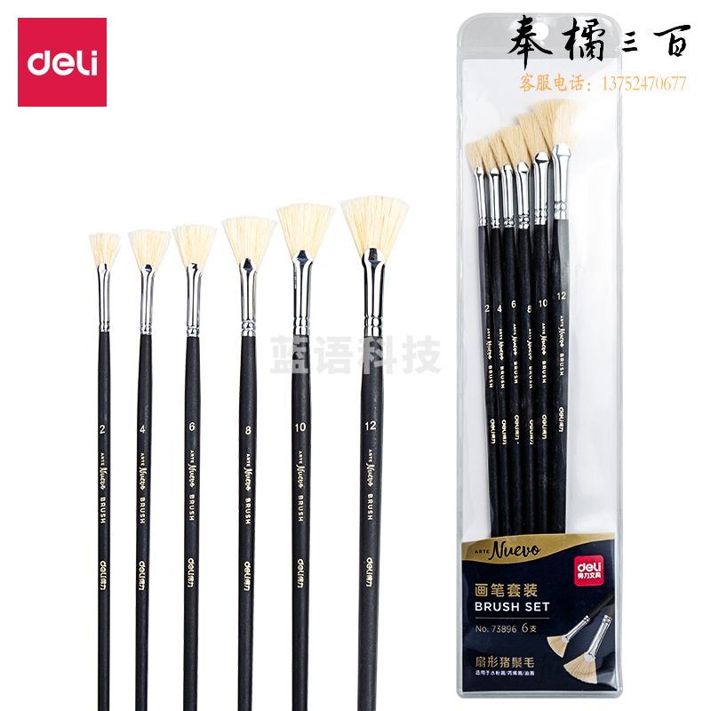 得力73896 扇形猪鬃毛画笔6支套装(黑色)(6支/袋)
